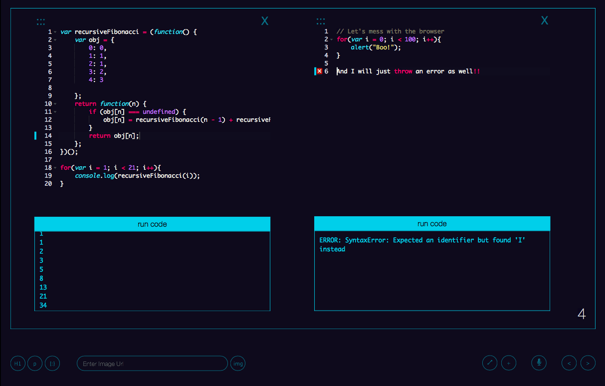 A slide in Imprezzive showing a code editor and a console.